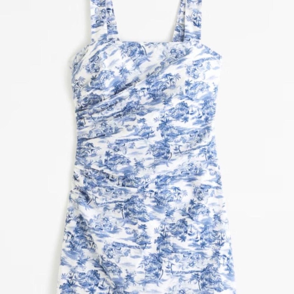 Linen-Blend Ruched Squareneck Mini Dress
